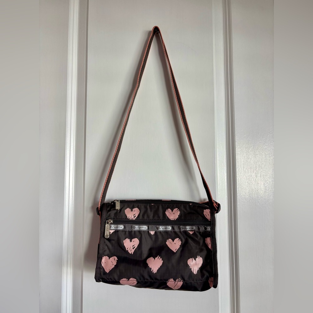 Lesportsac Black Crossbody Bag with Pink Heart Print